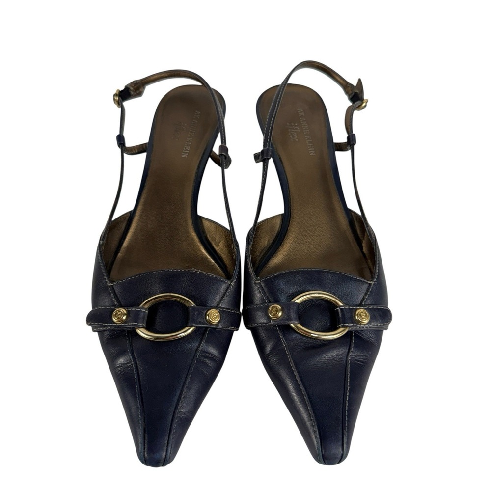 Ann Taylor Navy Leather Slingback Heels with Gold Hardware